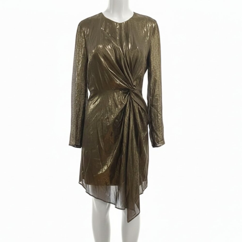 Lucy Paris Women’s Gold Metallic Twist Front A-Line Dress Size Large Clubwear